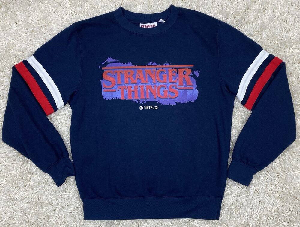 Stranger Things Netflix Crewneck Sweatshirt Mens M Blue Striped 80s TV Show